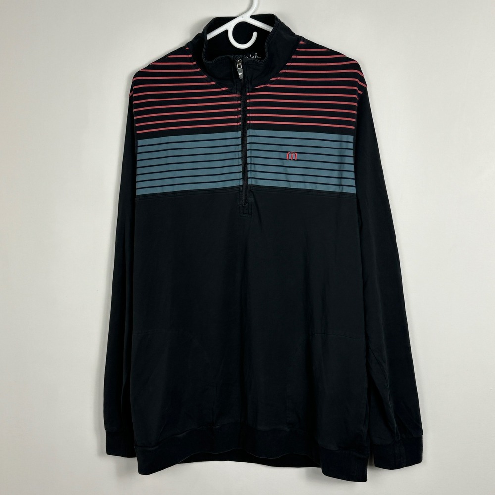 Travis Matthew Half Zip Pullover Long Sleeve Mock Neck Mens Size XL Striped Blue
